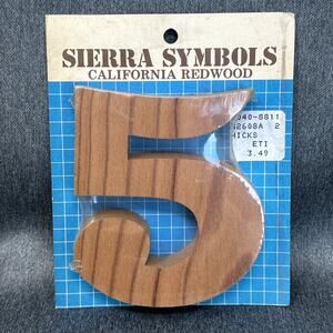 Vintage Sierra Symbols House Number 5 Redwood 4" Wood Sign NOS Rustic Decor USA